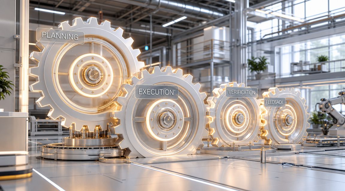 A 3D visualization of industrial gears labeled Planning, Execution, Verification, and Feedback in a modern factory setting.