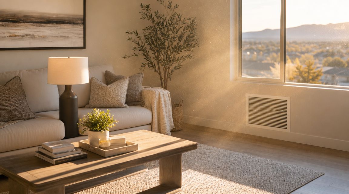 A cozy living room interior featuring a sofa, coffee table, and an air vent on the wall.