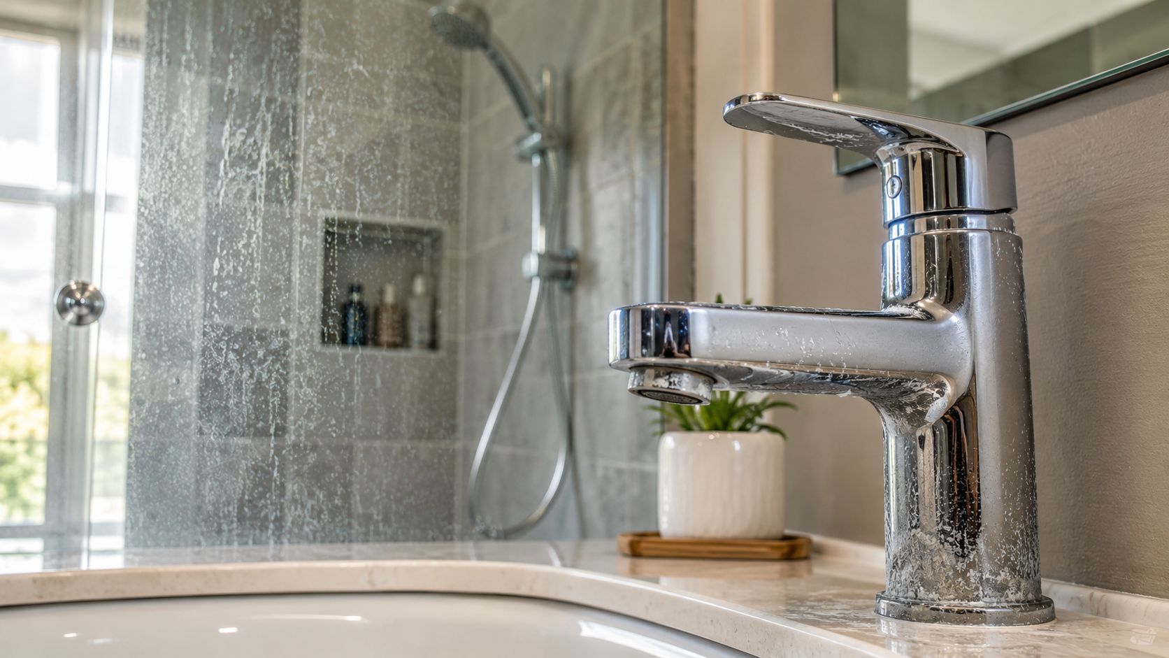 A close up view of a chrome bathroom faucet showing significant white limescale water stains and buildup.