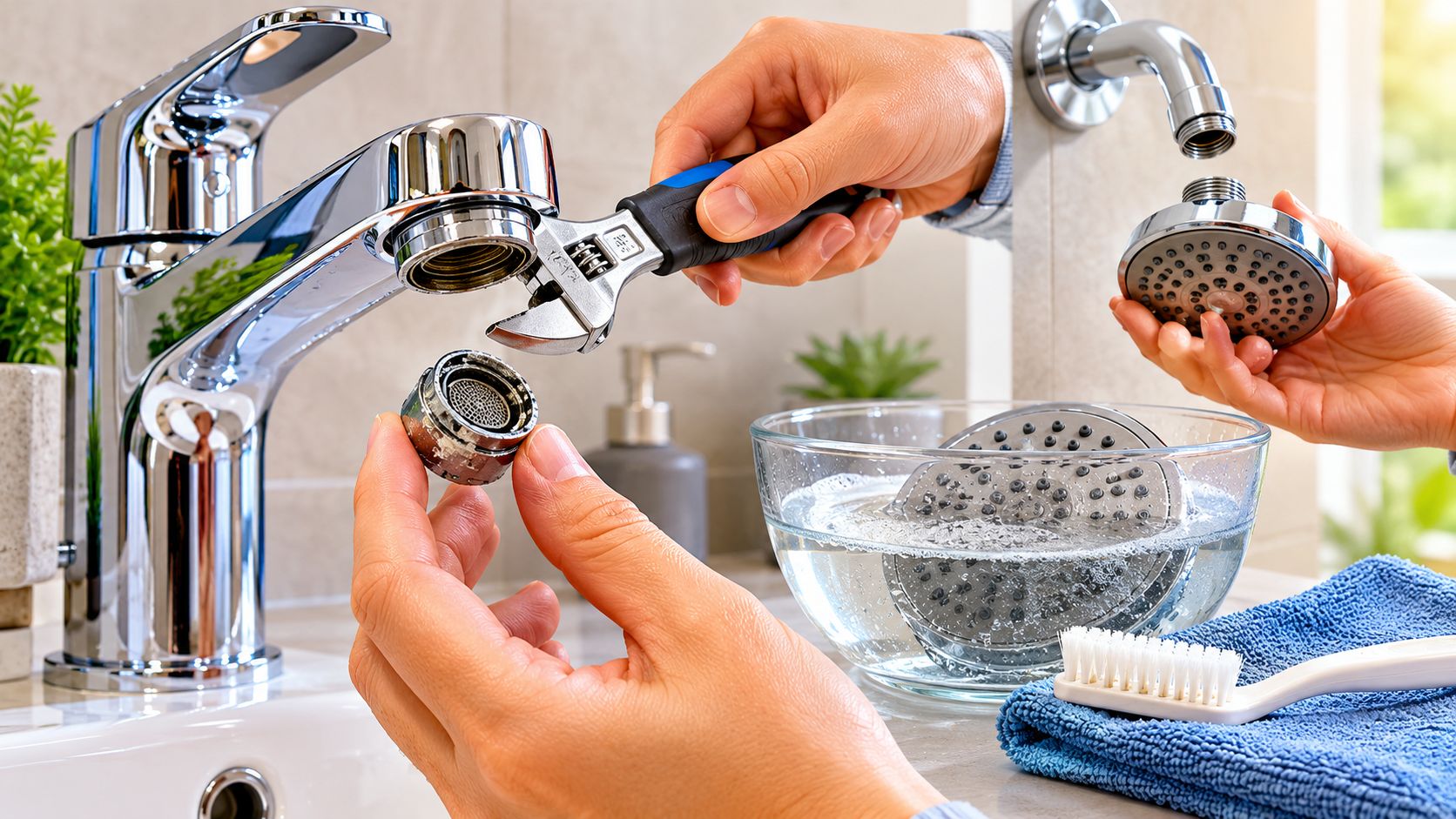 A person cleaning a bathroom faucet aerator and showerhead with tools and a brush for maintenance.