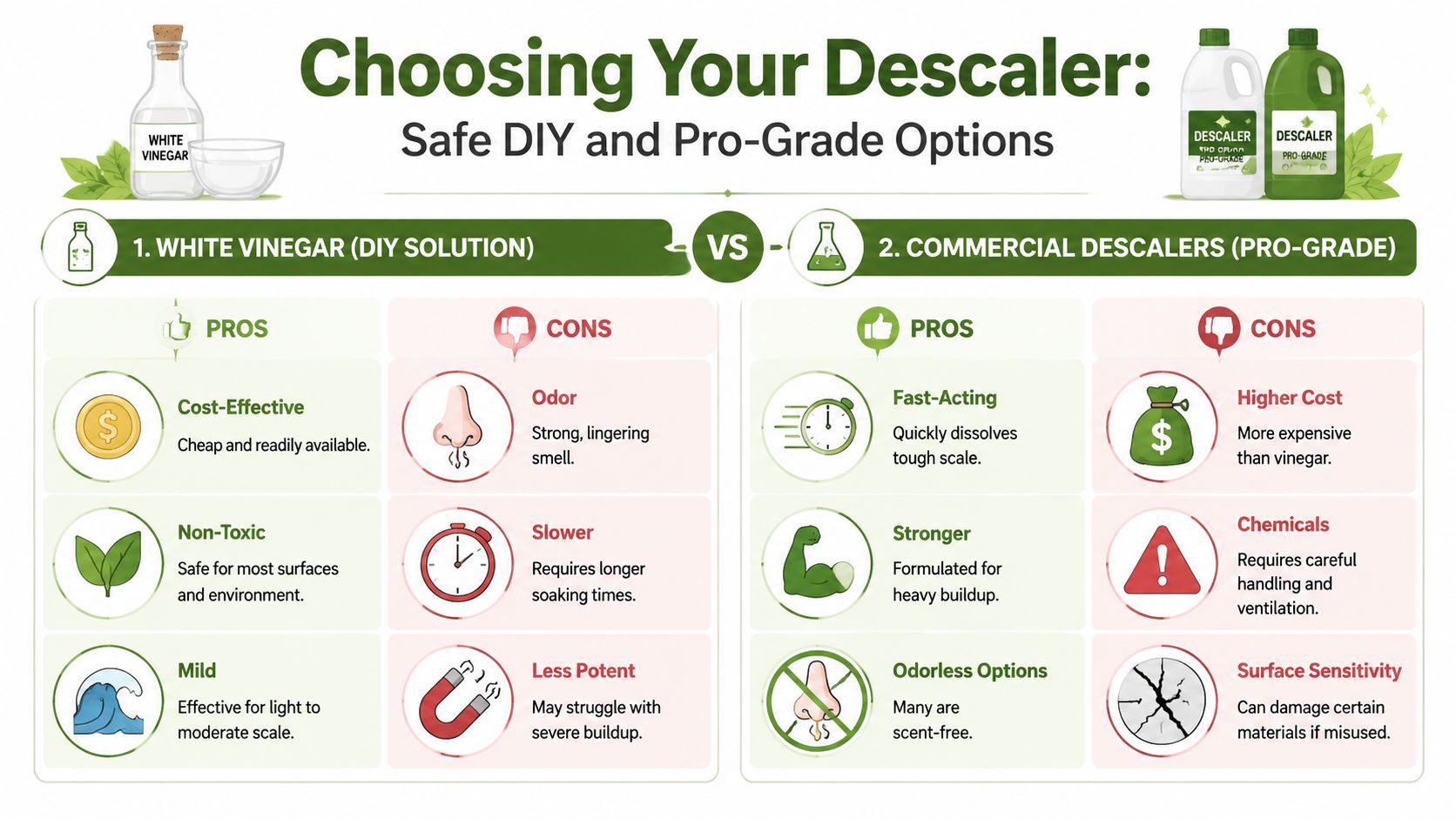A comparison chart showing the pros and cons of using white vinegar versus commercial descalers for cleaning.