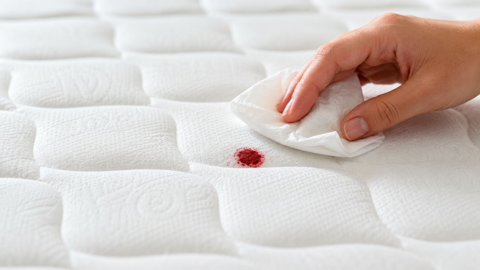 A person using a white paper towel to clean a small red blood stain from a mattress.