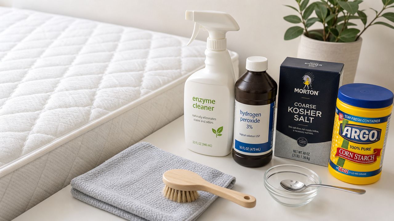 Cleaning supplies including enzyme cleaner, hydrogen peroxide, salt, and cornstarch laid out next to a mattress.