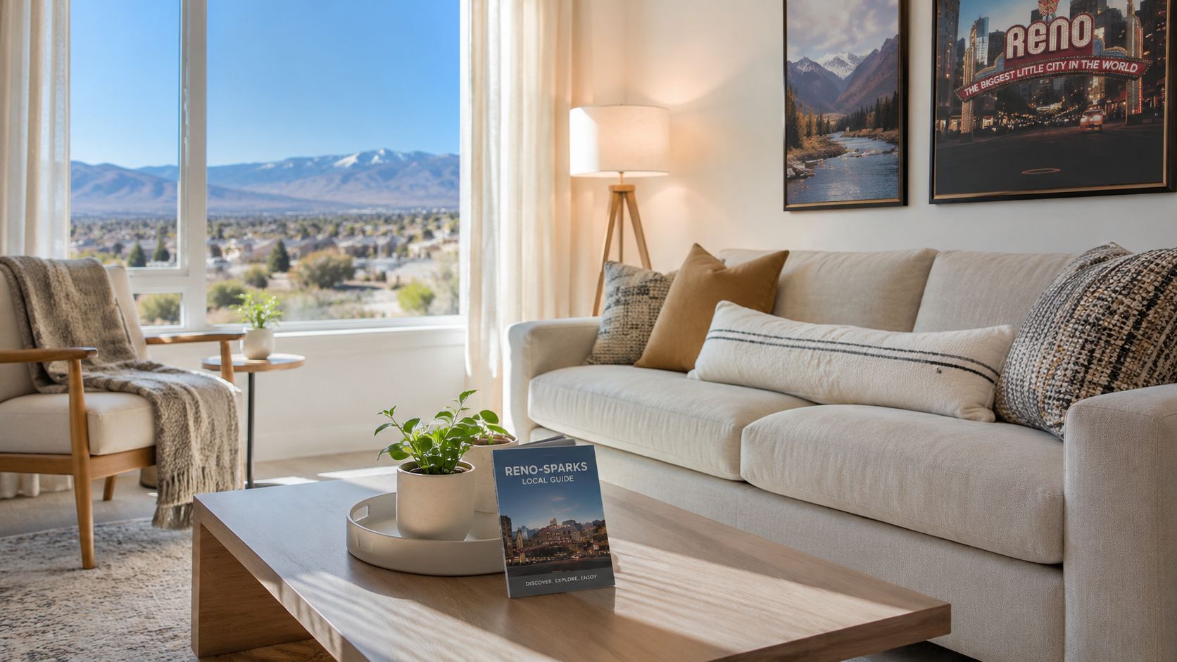 A modern, sunlit living room with a cozy sofa, armchair, and views of a scenic mountain landscape.