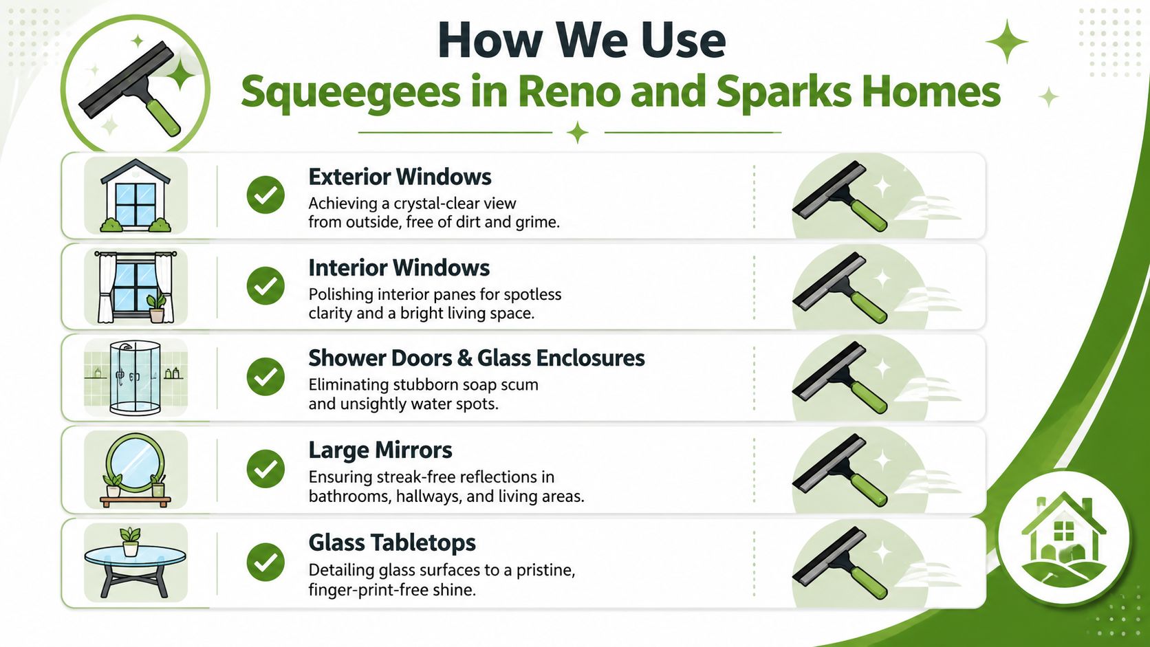 A graphic illustration detailing five common home cleaning uses for a squeegee in Reno and Sparks homes.