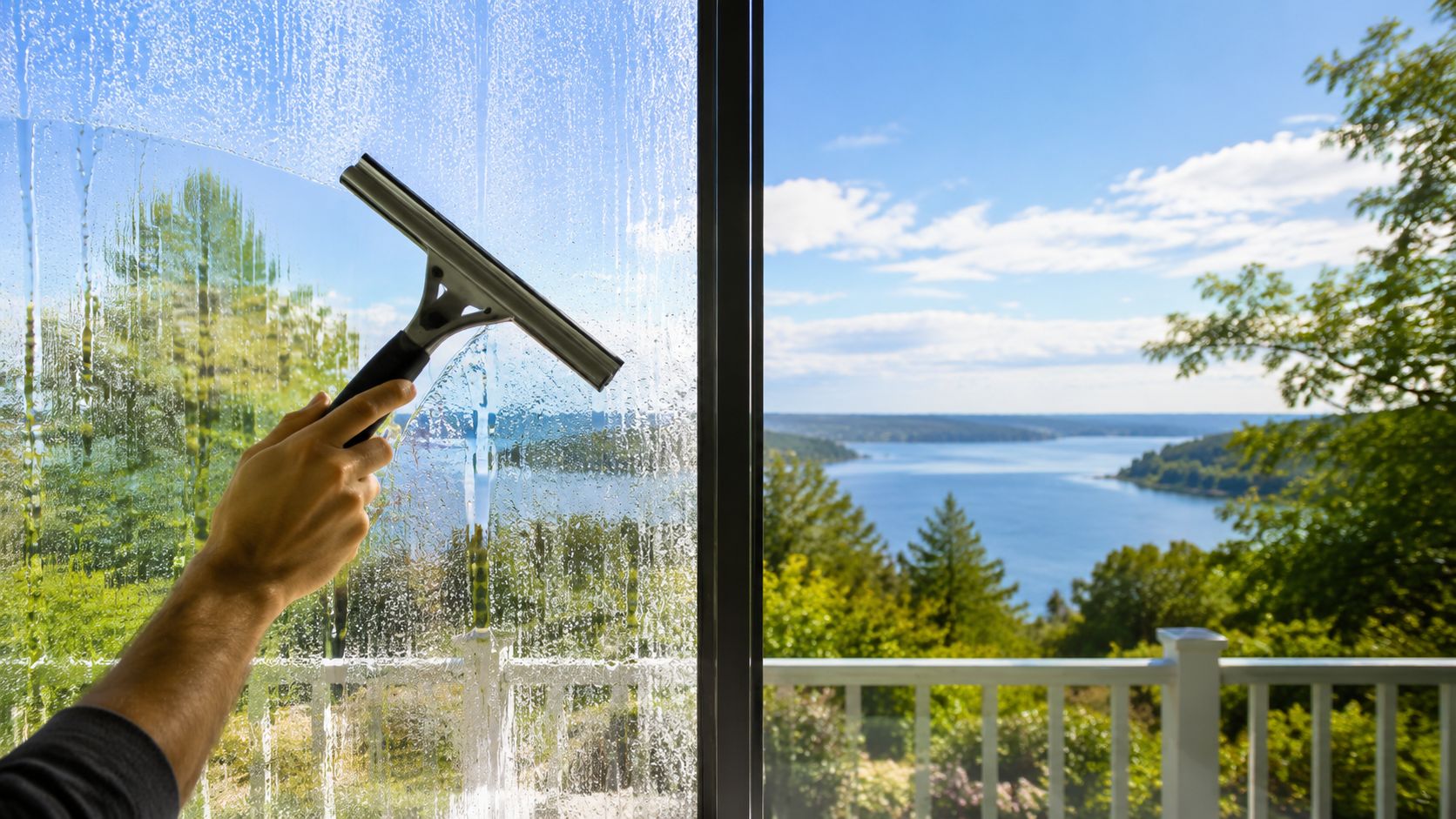 A person using a squeegee to clean a glass window overlooking a scenic lake and forest.