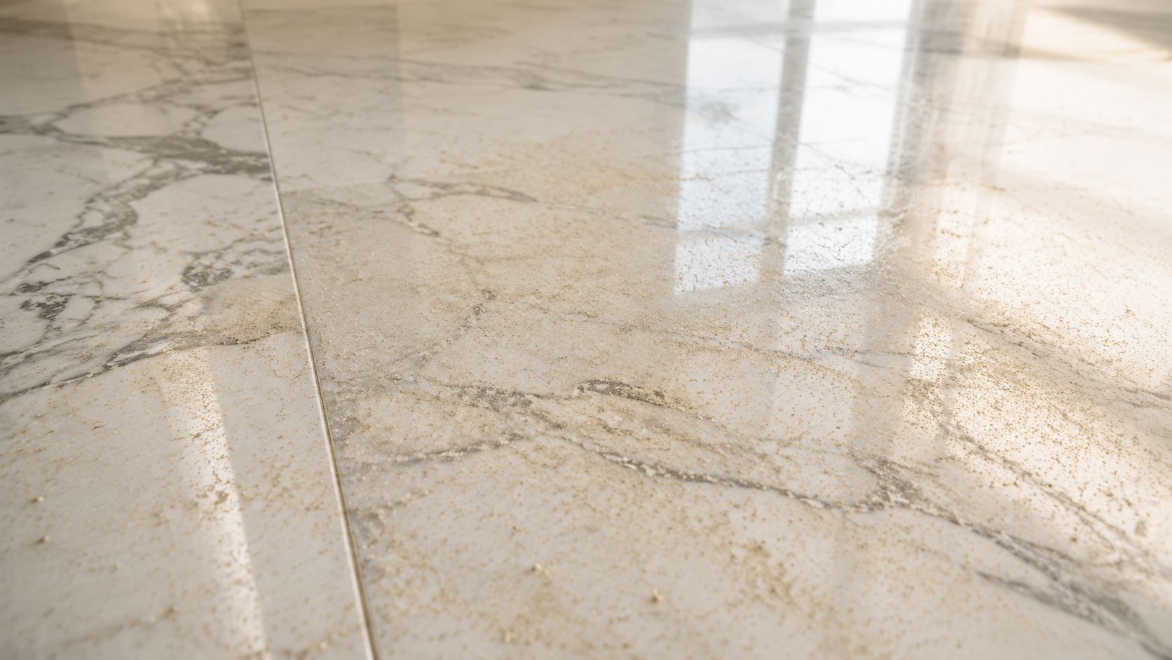 Close-up of a polished marble floor with visible dust particles reflecting bright sunlight near the grout lines.
