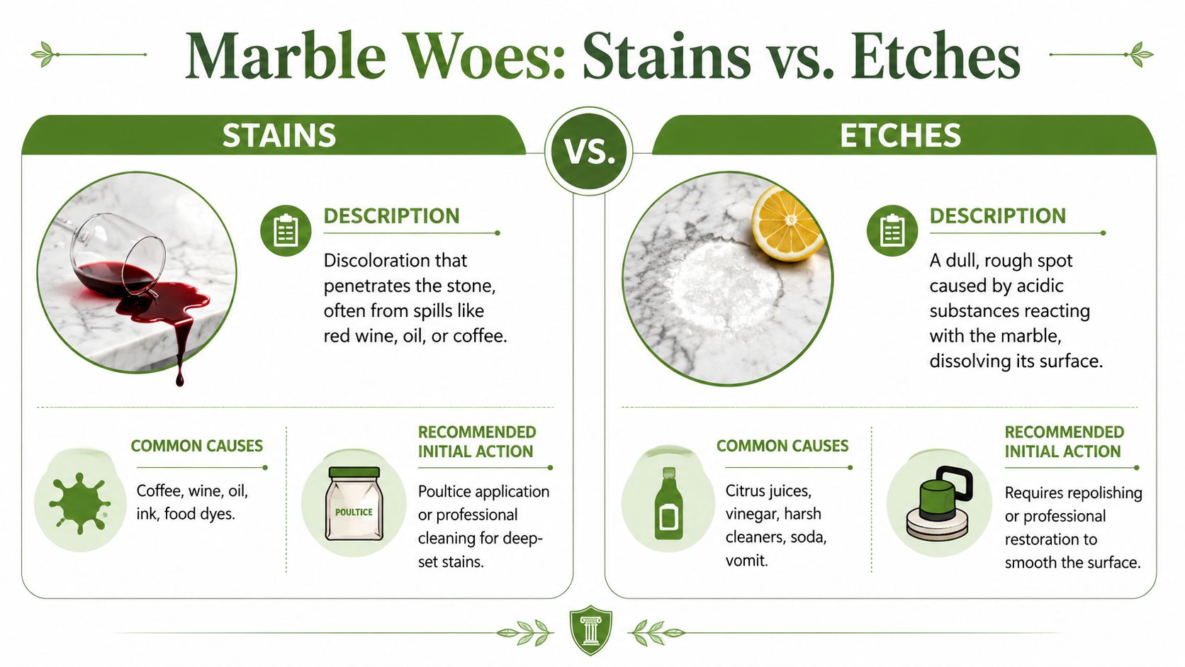 An infographic comparing marble stains caused by spills and marble etches caused by acidic chemical reactions.