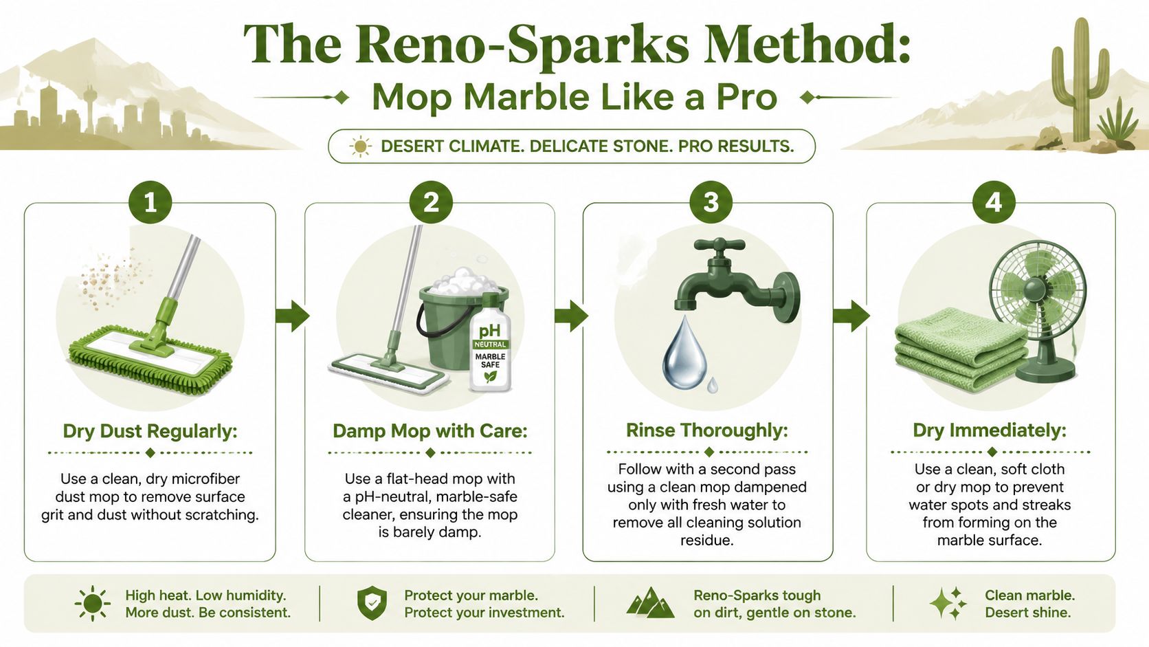 An instructional infographic titled The Reno-Sparks Method illustrating four simple steps for cleaning marble floors safely.