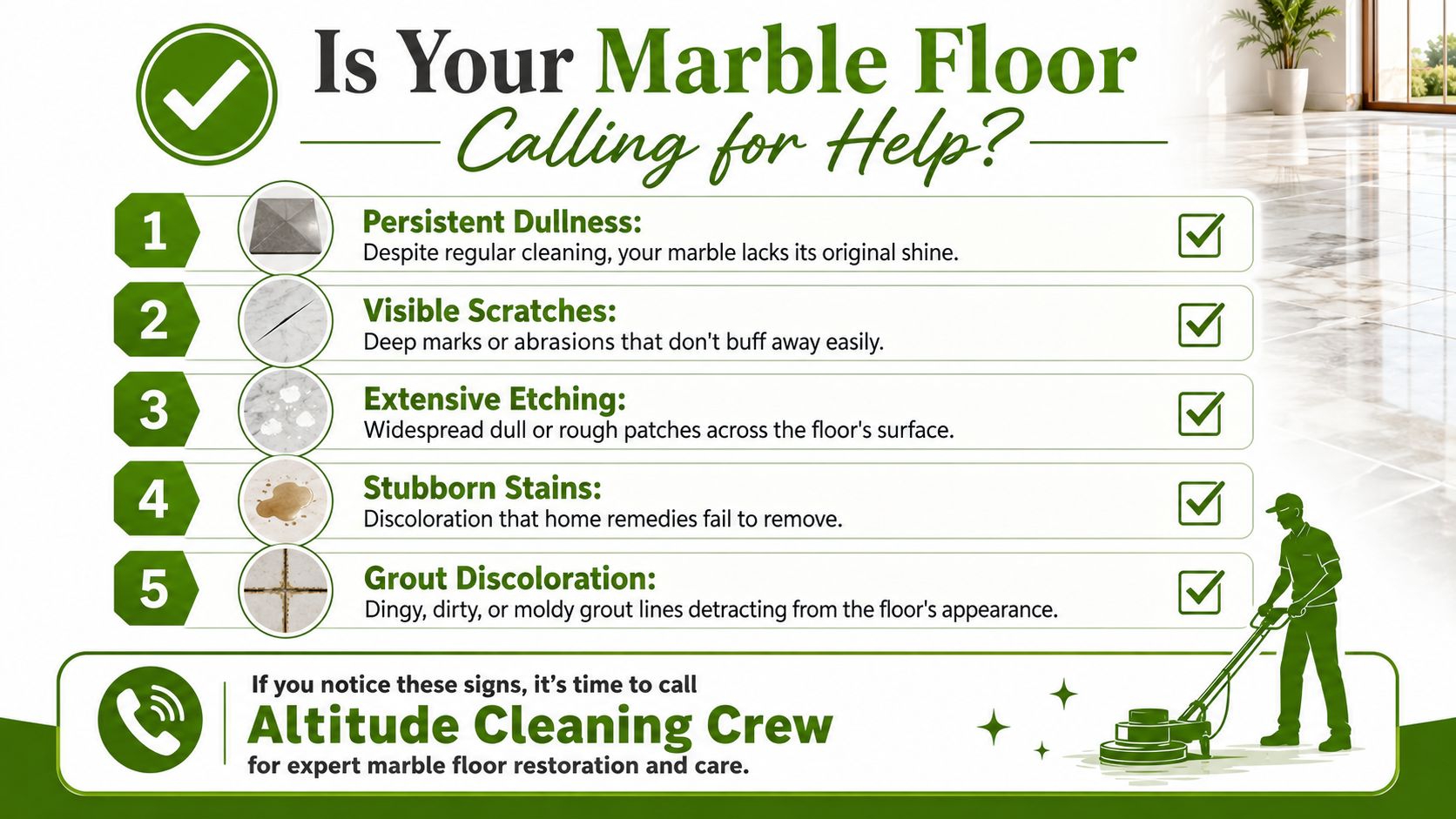 An infographic showing five signs your marble floor needs professional restoration by Altitude Cleaning Crew.
