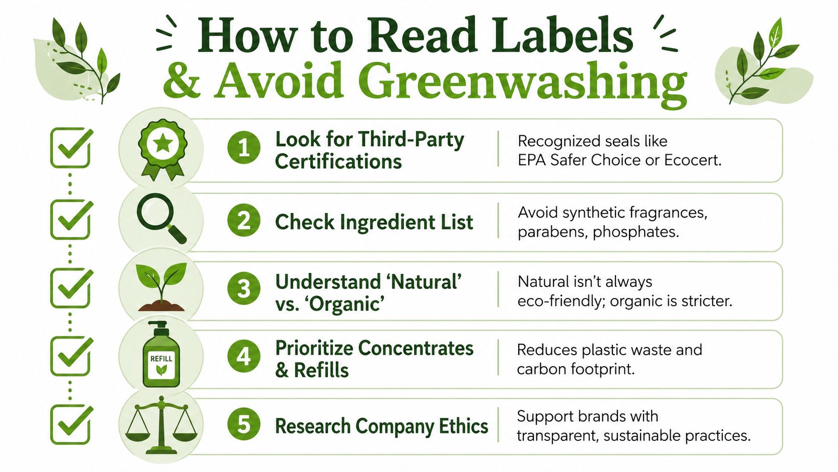 A green infographic guide titled How to Read Labels and Avoid Greenwashing with five numbered sustainable shopping tips.