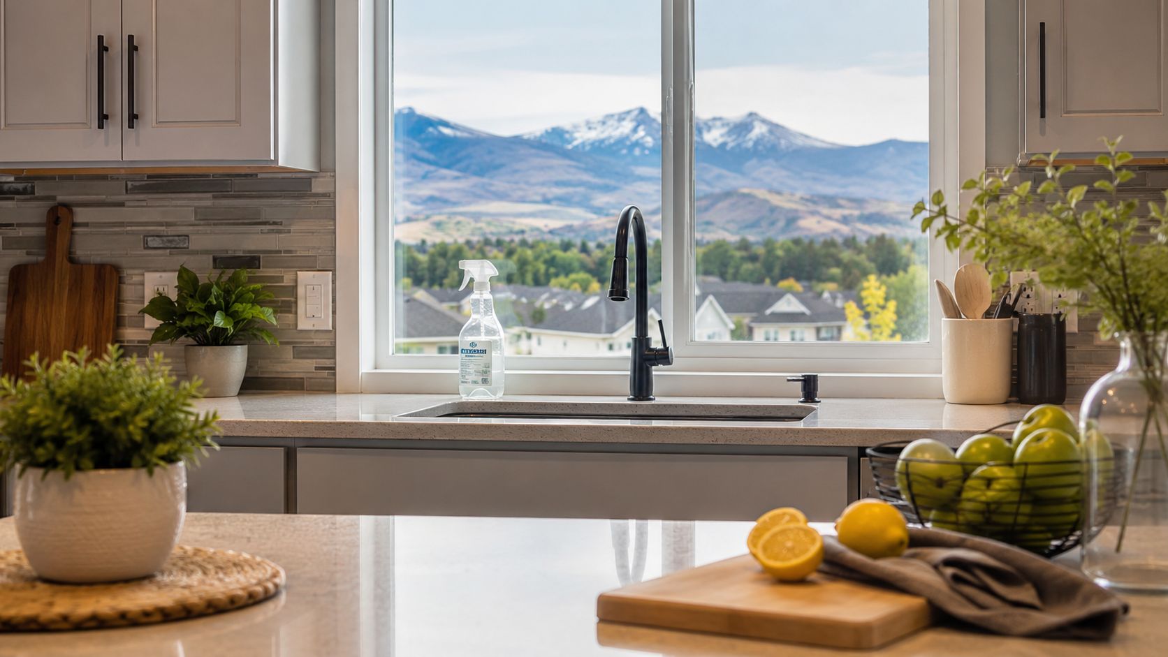 A modern kitchen sink area featuring a glass spray bottle, fresh lemons, and a beautiful mountain view.