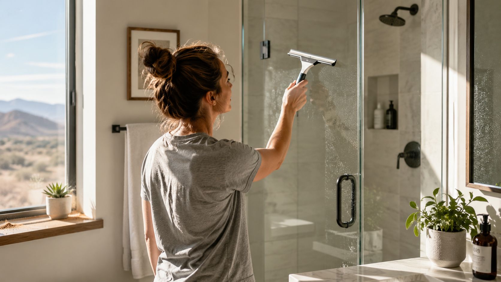 A woman cleaning a glass shower door with a squeegee in a sunlit modern bathroom.