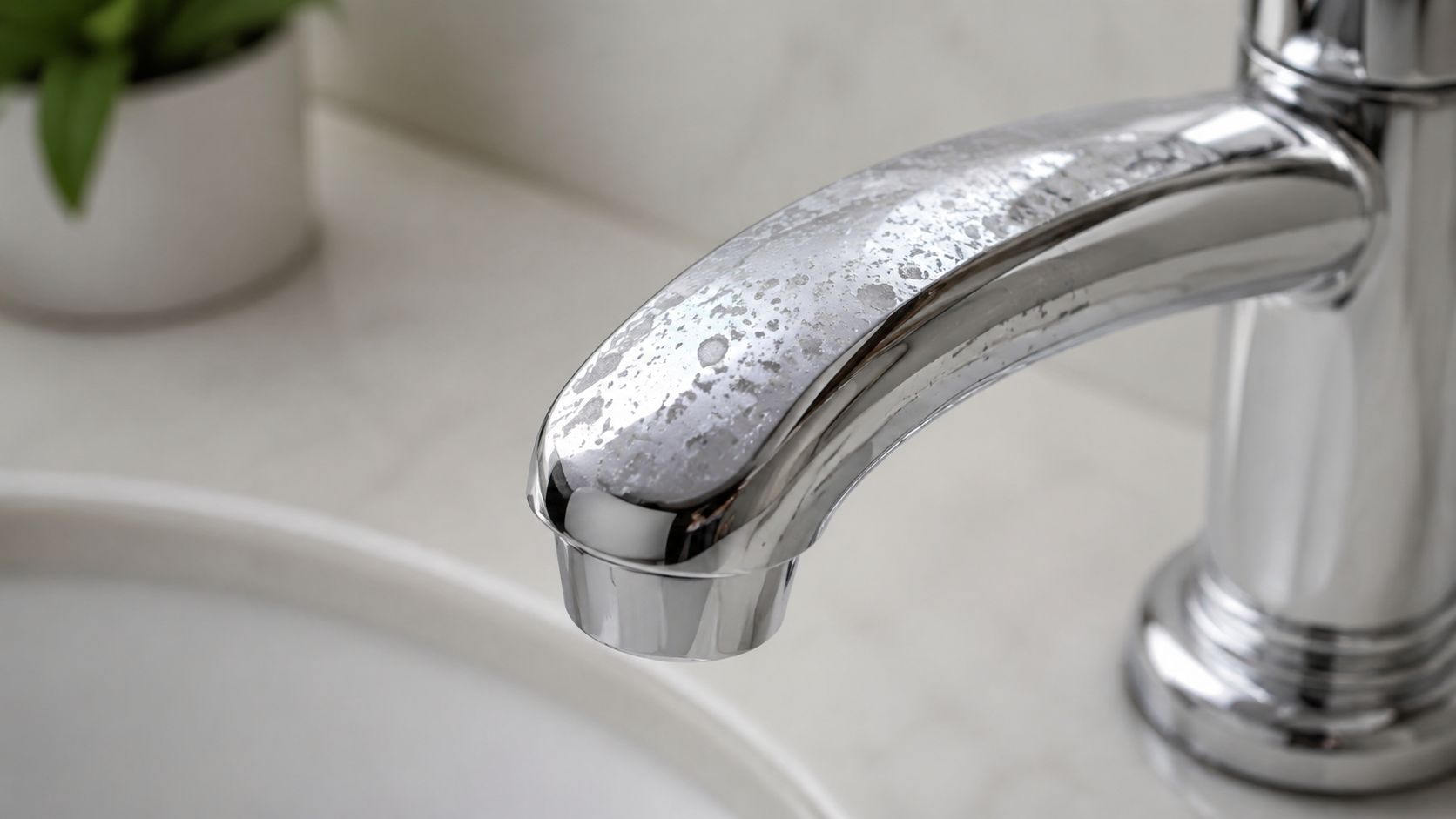 A chrome bathroom faucet showing visible white mineral buildup and hard water stains on its surface.