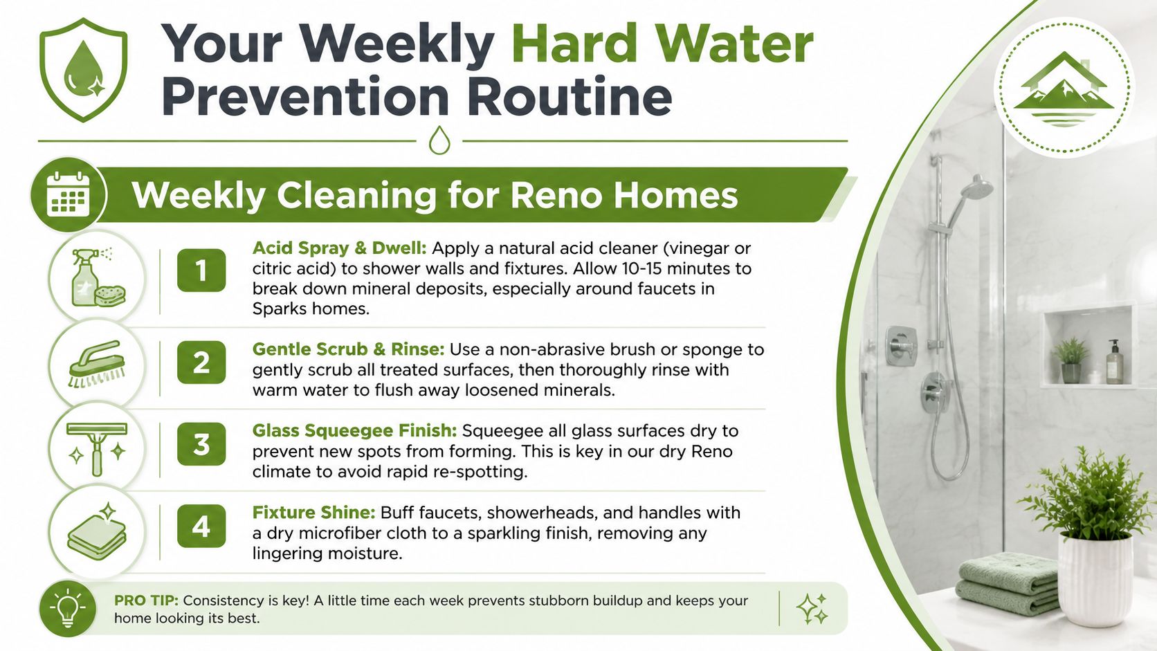 A step-by-step infographic titled Your Weekly Hard Water Prevention Routine, detailing four cleaning steps for bathroom surfaces.