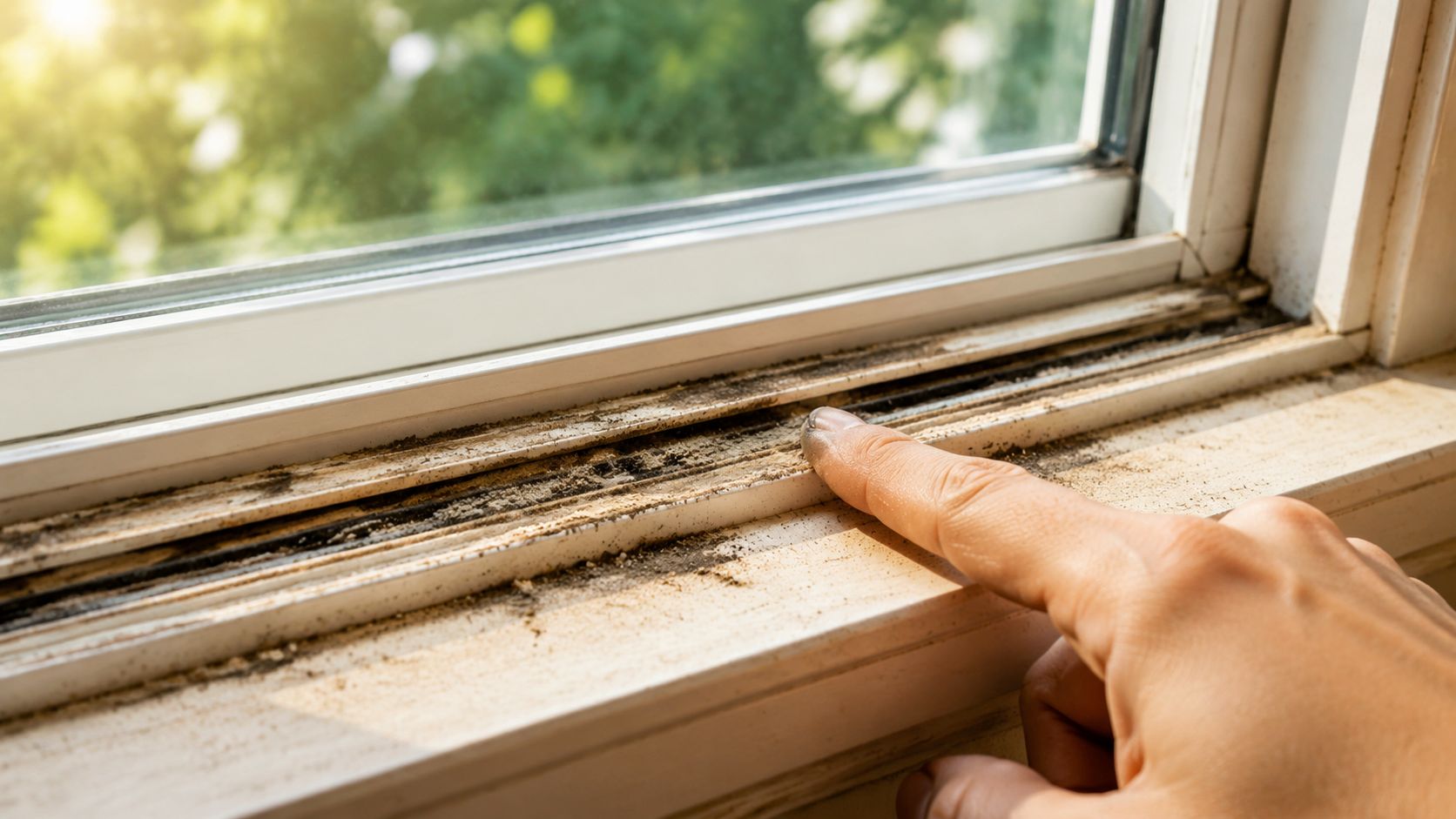 A close-up view of a person pointing to dirt and mold buildup inside a window track.