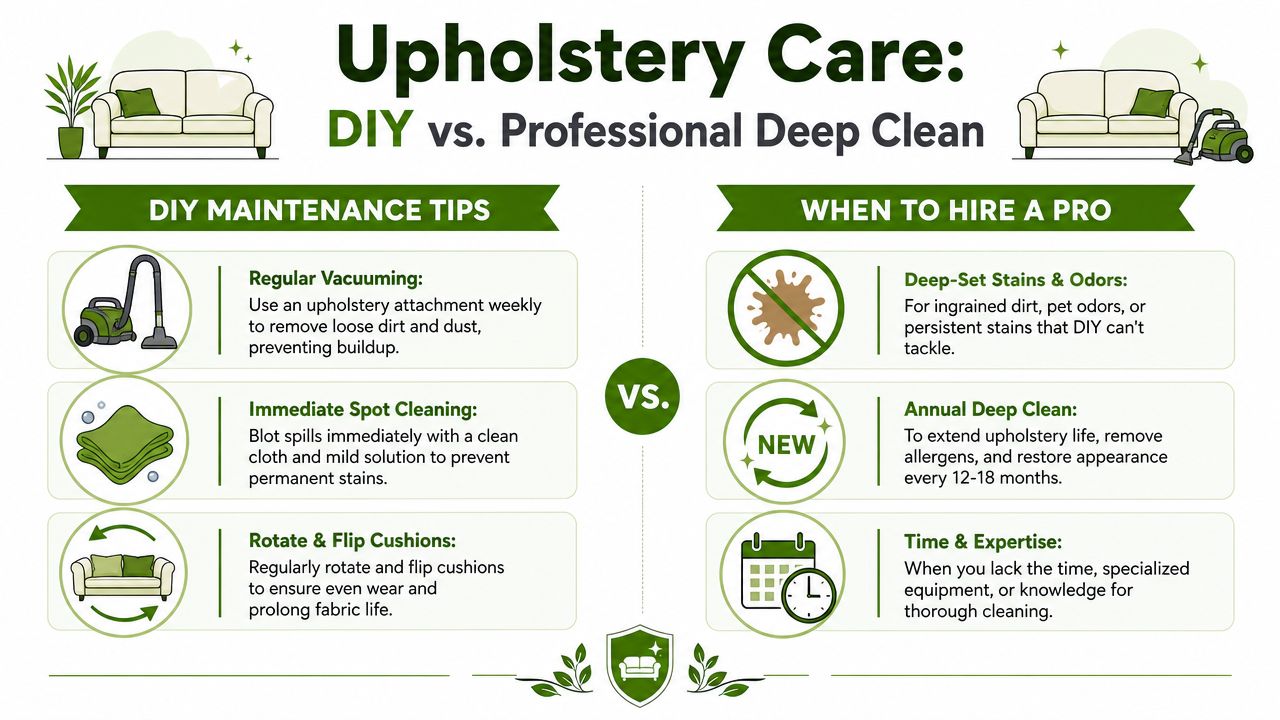 An infographic comparing DIY upholstery maintenance tips with reasons for hiring professional deep cleaning services.