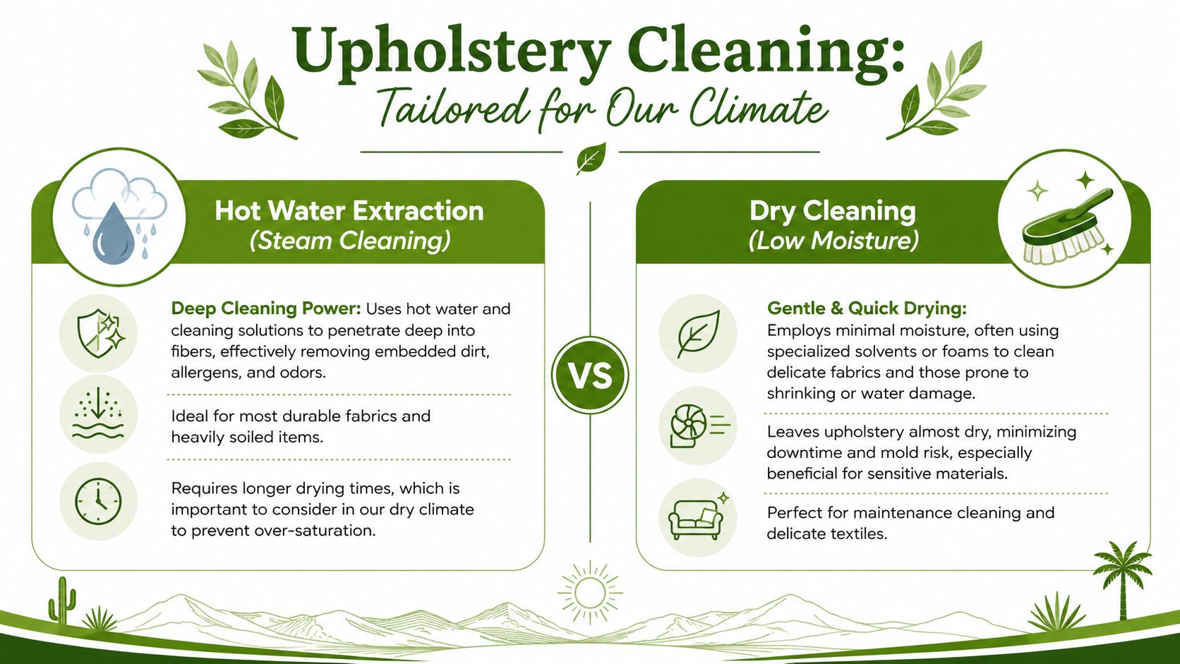 An infographic comparing hot water extraction and dry cleaning methods for professional upholstery cleaning services.
