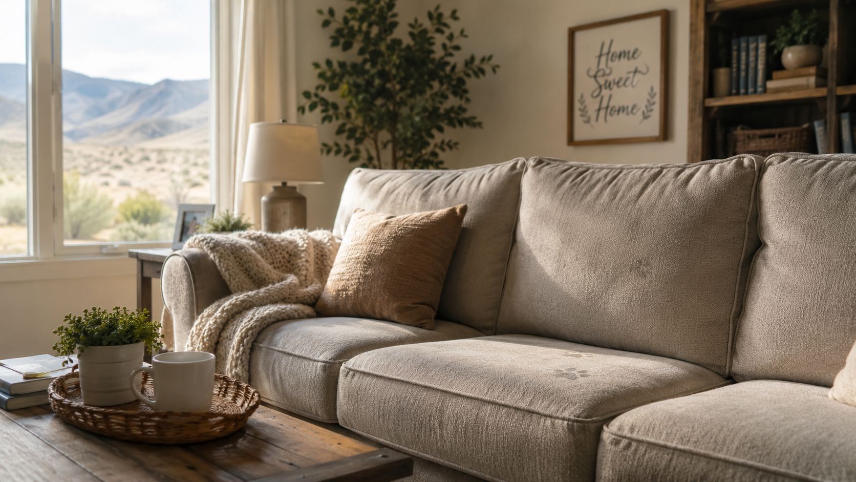 A cozy living room featuring a beige couch with visible pet paw prints on the seat cushion.