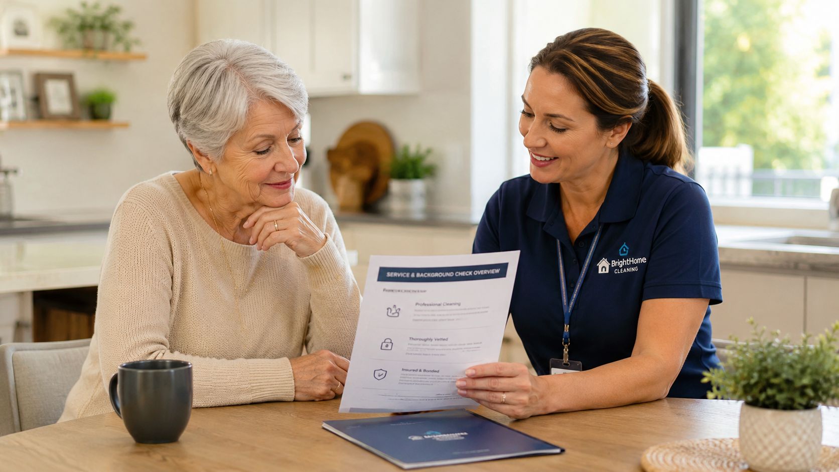 A professional cleaning service provider explaining service details to an elderly woman at a wooden table.