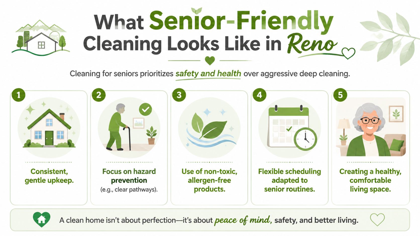 An infographic detailing five key principles of senior-friendly cleaning services including safety and health prioritization.