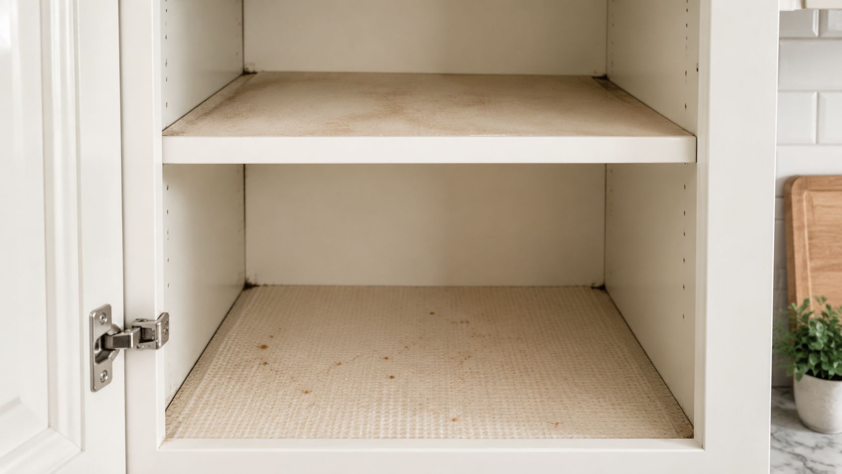 An empty kitchen cabinet with two shelves containing crumbs and visible dust on the surfaces.
