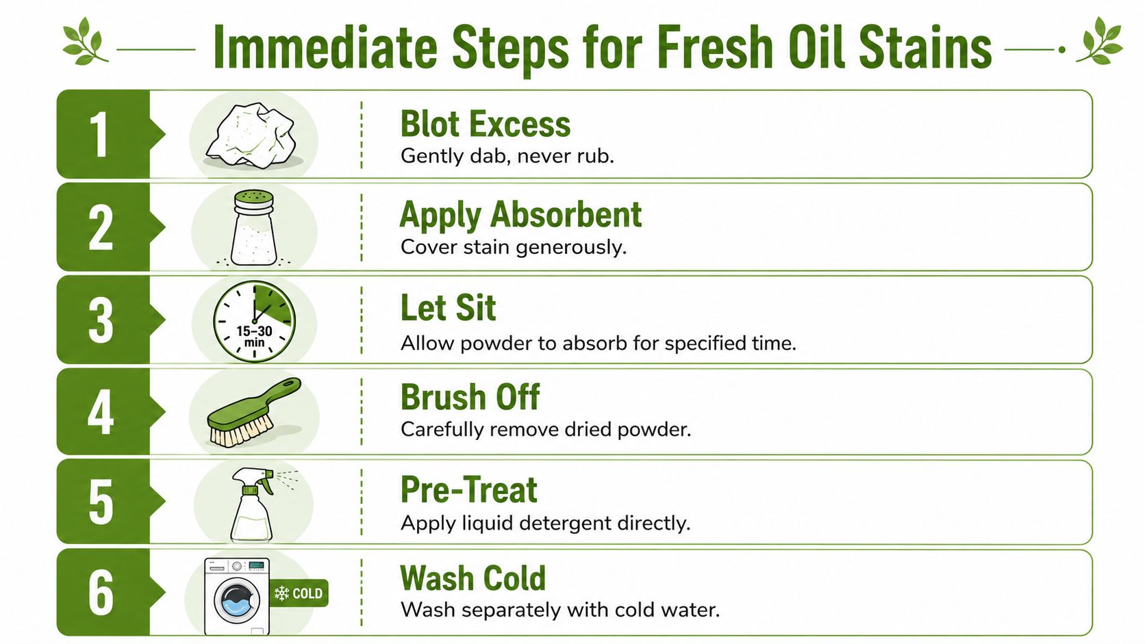 A six-step guide infographic illustrating how to remove fresh oil stains from clothing effectively.