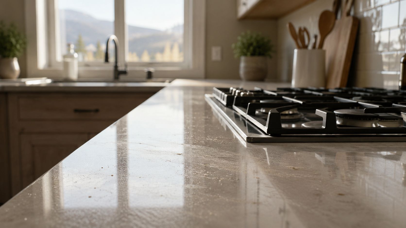 A close up view of a clean kitchen countertop next to a gas stove, reflecting soft window light.