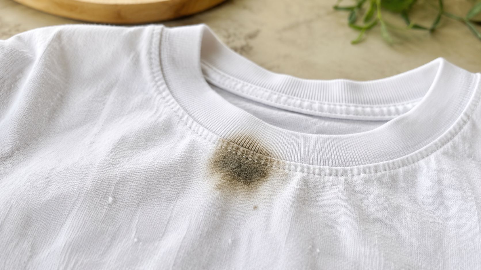 A close-up view of a dark oil stain on the collar of a white cotton t-shirt.
