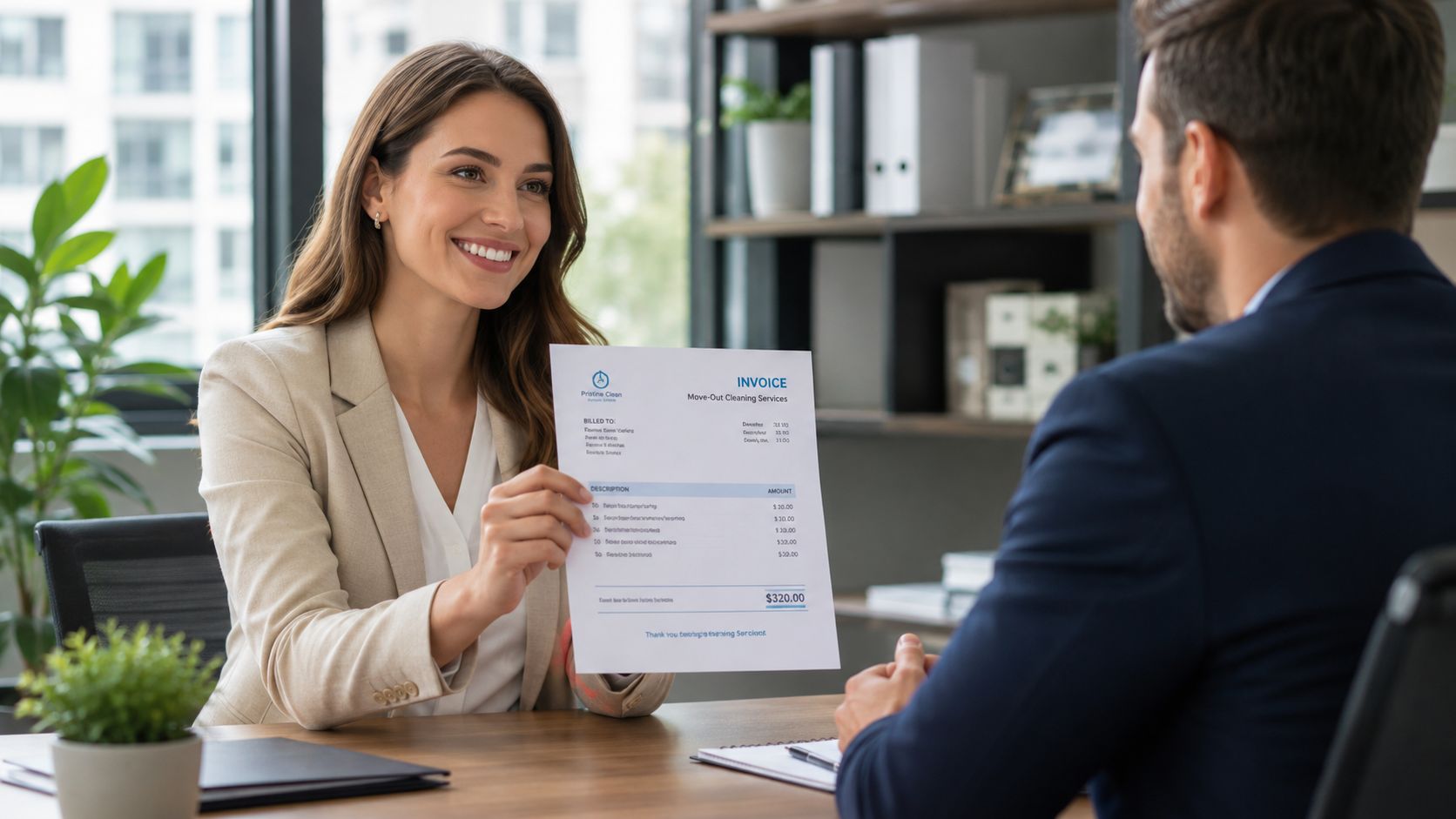 A professional woman in a beige blazer hands a move-out cleaning invoice to a male client.