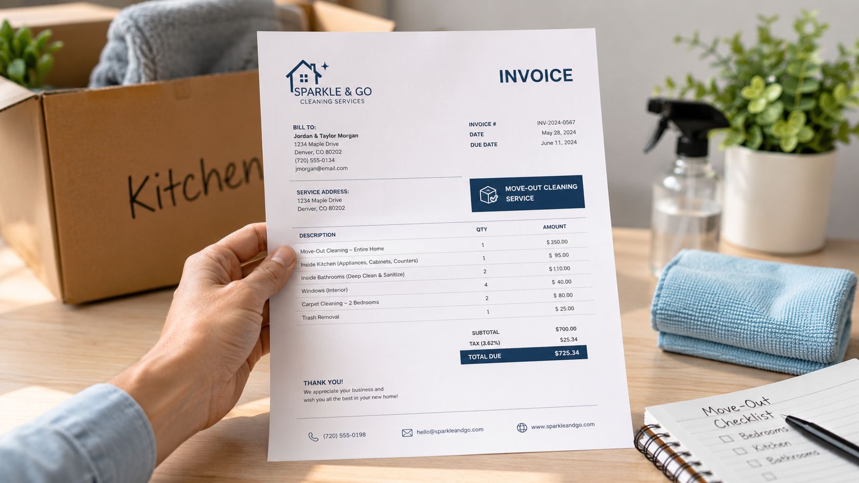 A person holding a professional Sparkle & Go cleaning service invoice for a move-out cleaning project.