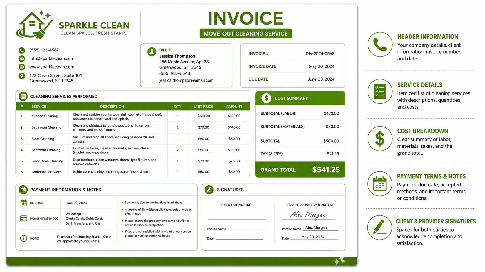 A professional move out cleaning invoice template with detailed service lists, cost breakdown, and payment information.
