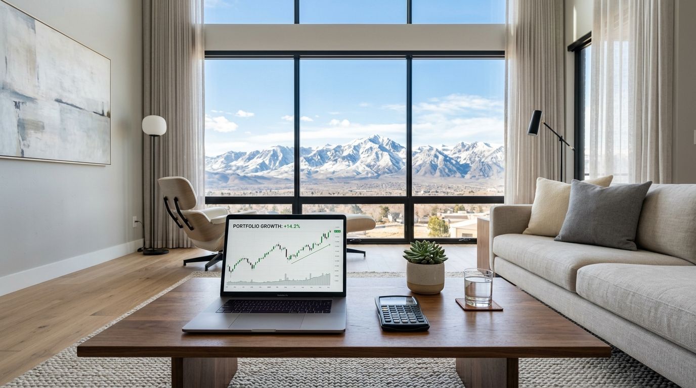 A sleek laptop showing a growth graph sits on a wooden coffee table in a modern living room.