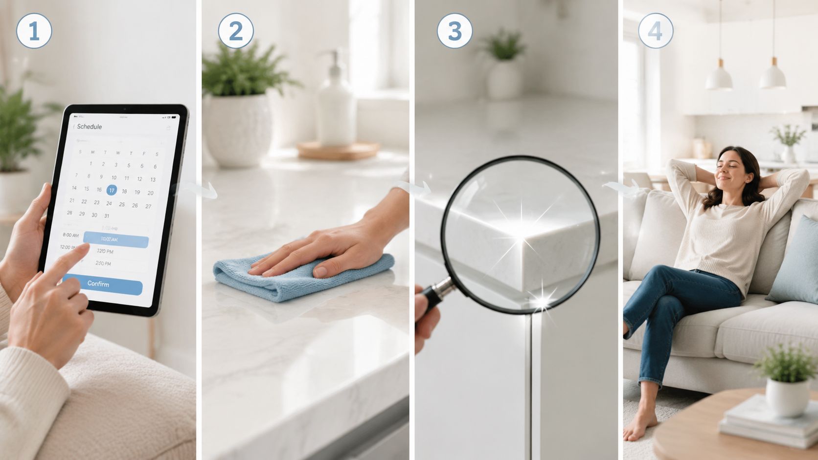 A four-step graphic showing scheduling a cleaning service, a person wiping a counter, inspection, and relaxing.