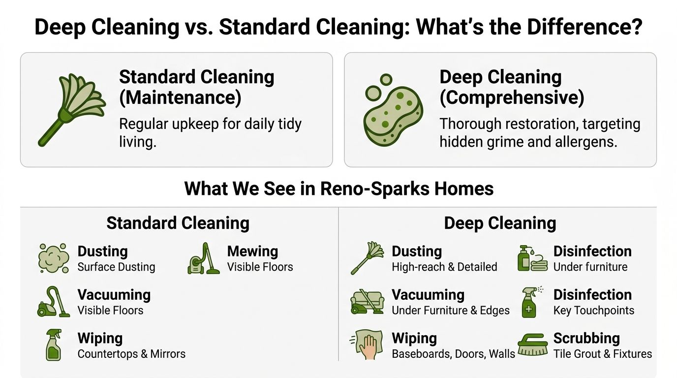 A comparison chart showing the differences between standard home maintenance cleaning and comprehensive deep cleaning services.