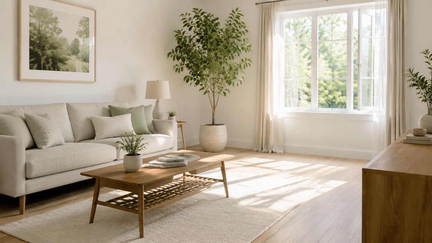 A serene, sunlit living room featuring a comfortable cream sofa, a wooden coffee table, and indoor plants.