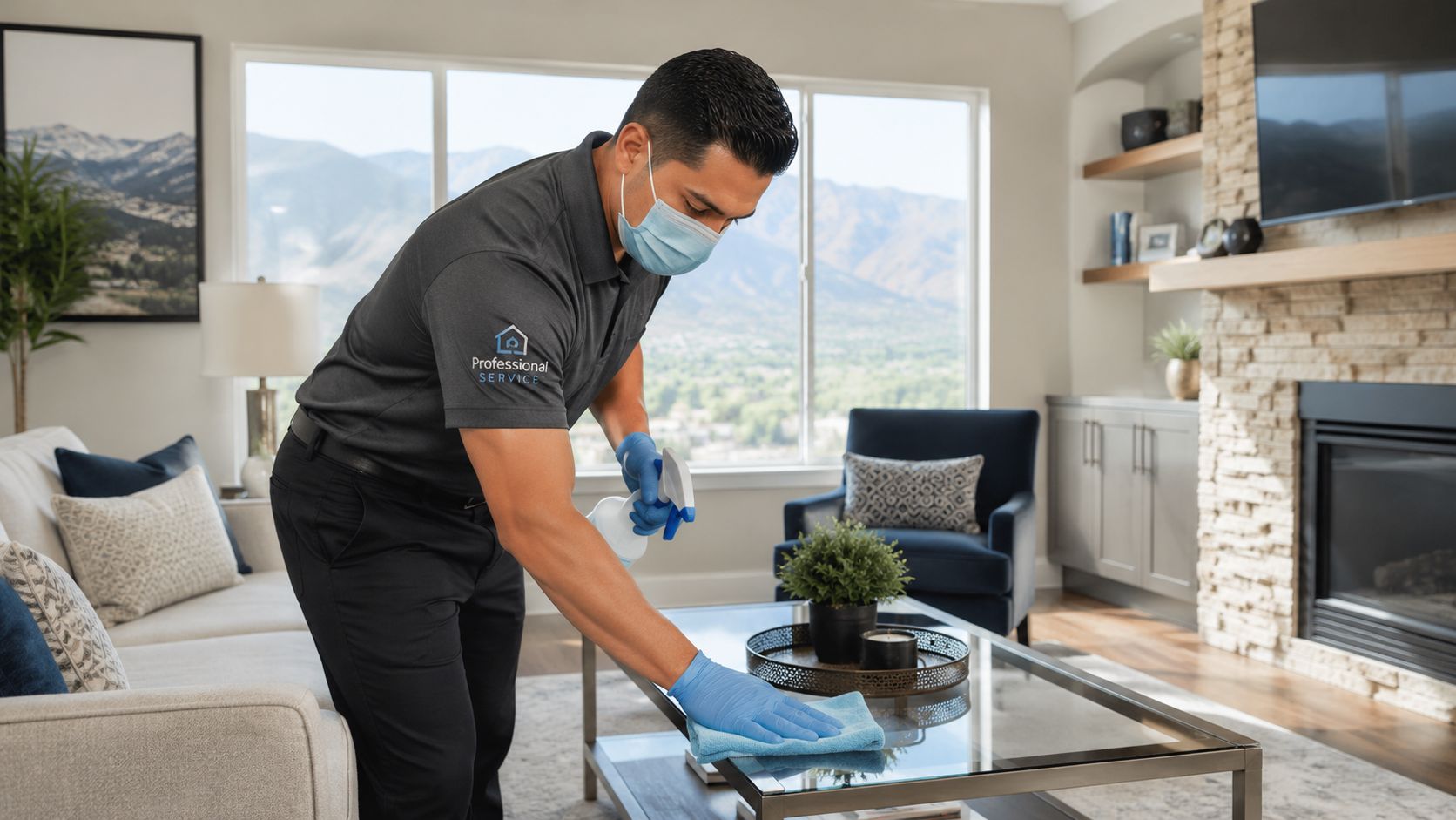 A professional cleaner in a mask and gloves disinfecting a glass coffee table in a modern living room.