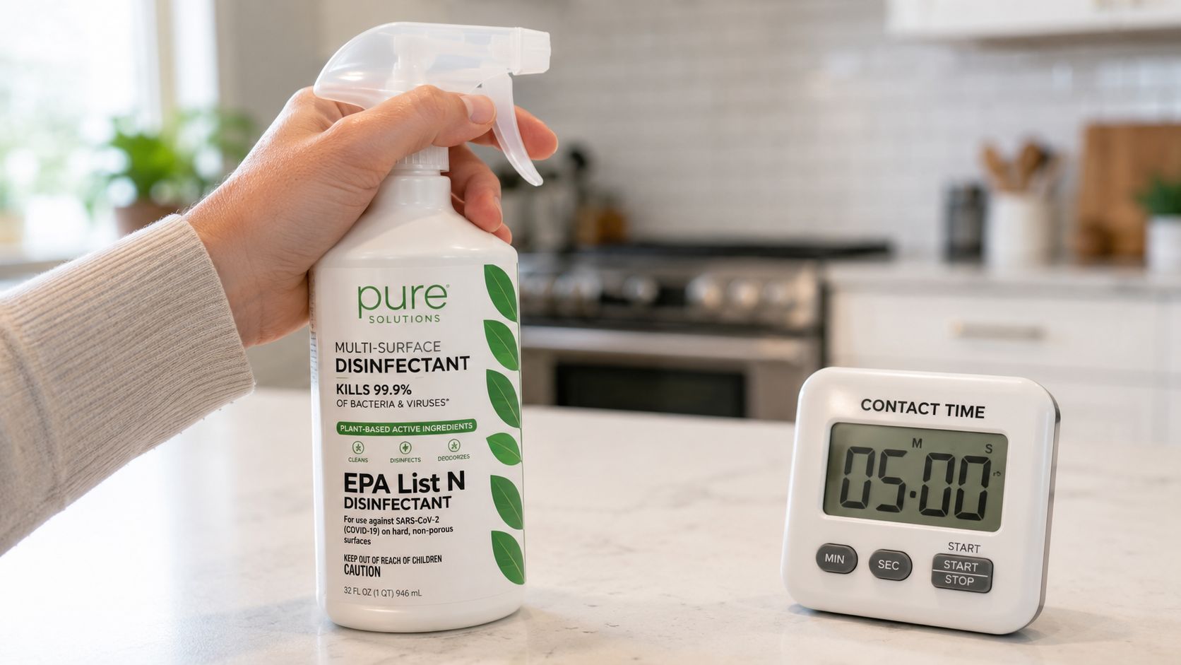 A hand holding a spray bottle of disinfectant next to a digital timer showing five minutes.