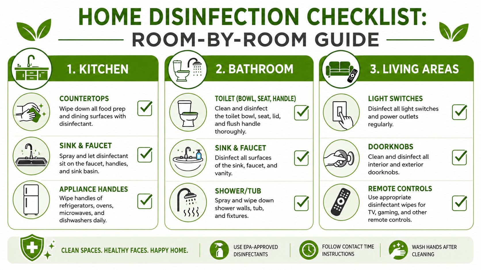 A comprehensive home disinfection checklist providing room-by-room cleaning tips for kitchens, bathrooms, and living areas.