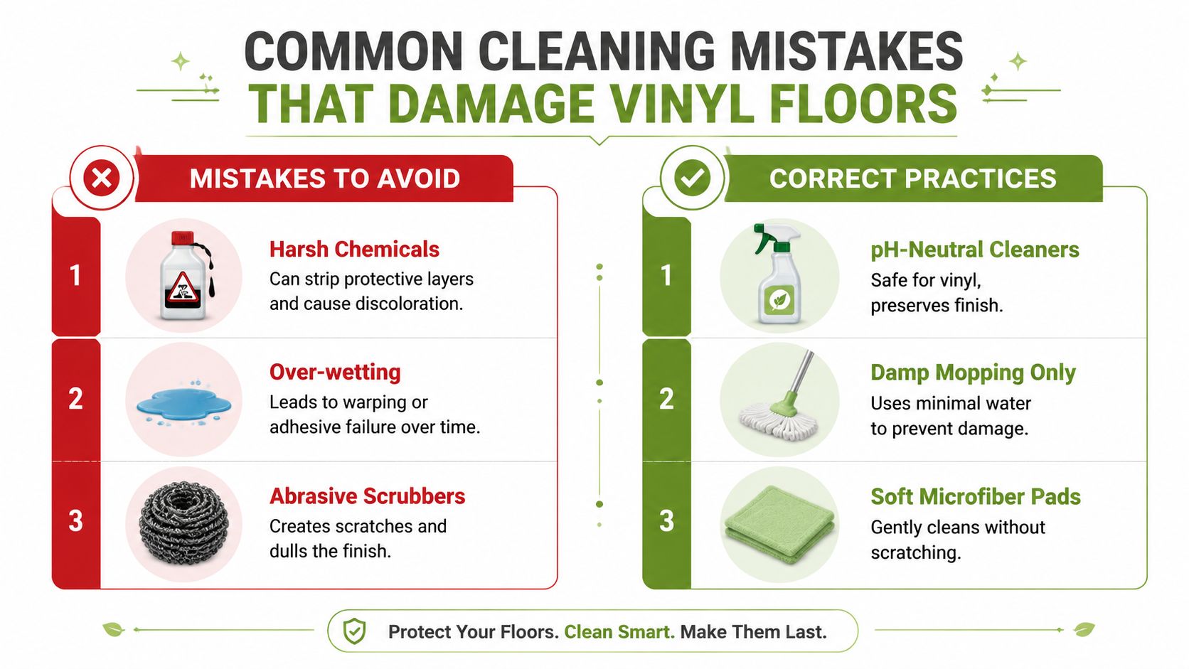 An infographic showing common mistakes to avoid and correct cleaning practices for vinyl flooring maintenance.