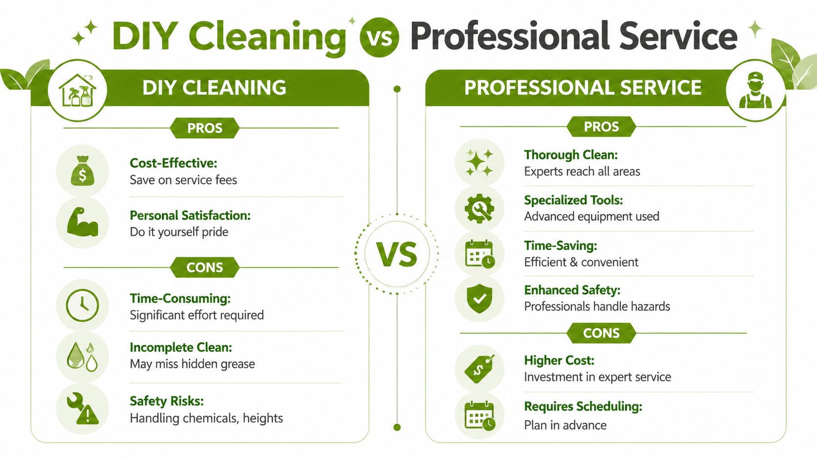 A comparative infographic highlighting the pros and cons of DIY cleaning versus professional range hood vent cleaning services.